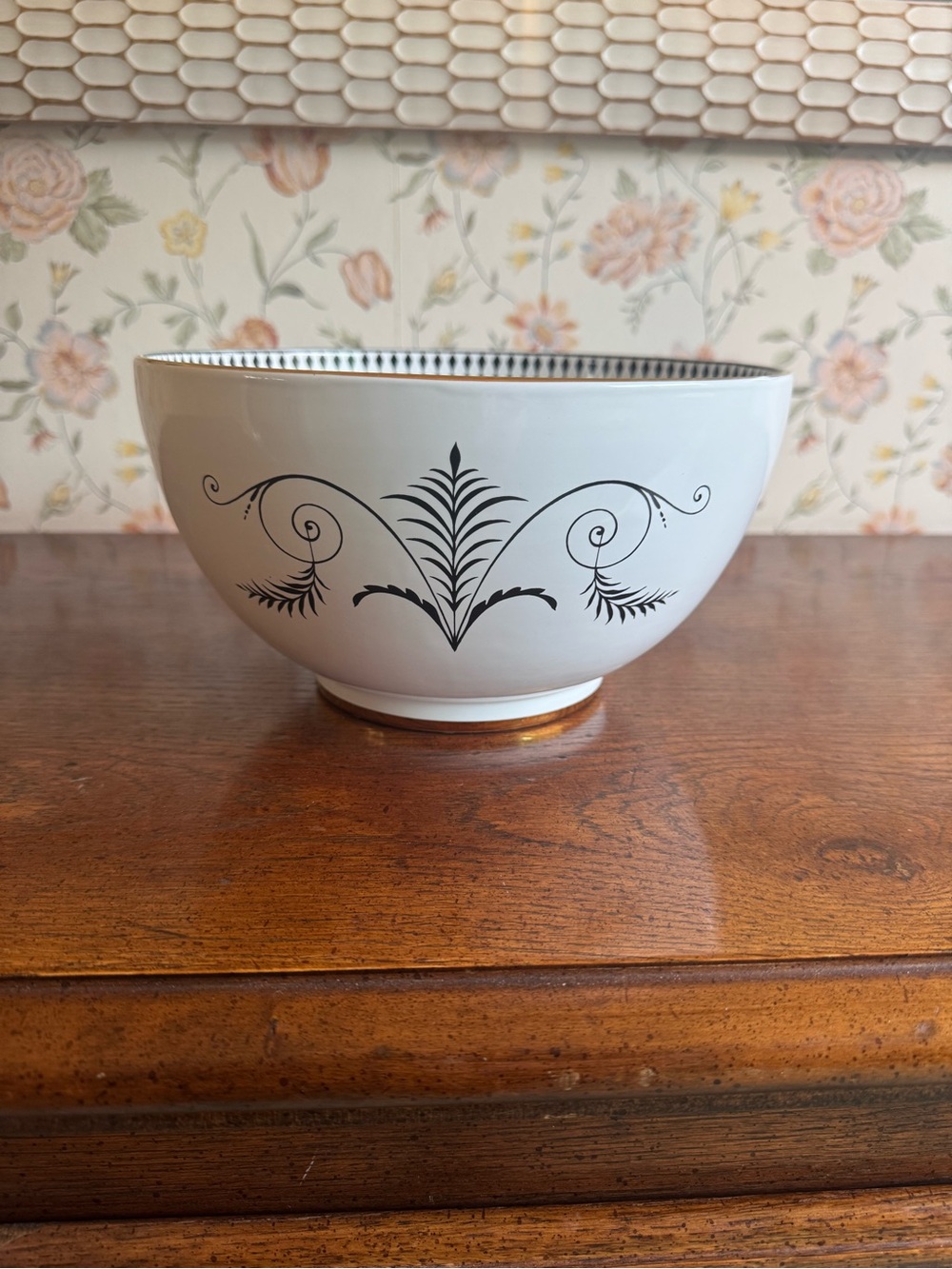 Ethan Allen White Porcelain Bowl with Black Scroll Design
